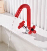 Mitigeur Lavabo à Double Poignée – Robinet Rotatif en Laiton avec Finition Chromée et Accents Rouge & Vert