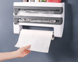 Support Multifonction 4-en-1 pour Cuisine– Organiseur Mural avec Porte-Rouleaux, Distributeur, Étagère et Coupe-Film