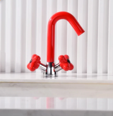 Mitigeur Lavabo à Double Poignée – Robinet Rotatif en Laiton avec Finition Chromée et Accents Rouge & Vert