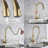Goldener Küchenhahn mit ausziehbarer Brause – Messing | Warm- und Kaltwasser