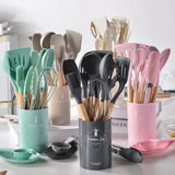 CookMaster 12 – Set de 12 Ustensiles de Cuisine en Silicone avec Poignées en Bois