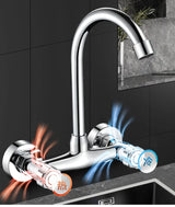Robinet de cuisine mural avec double commande et bec pivotant