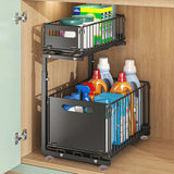 Panier Coulissant Cuisine Double Niveau Acier Carbone – Rangement Sous Évier Ajustable | Tiroir Extractible | Organisation Gain de Place