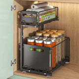 Panier Coulissant Cuisine Double Niveau Acier Carbone – Rangement Sous Évier Ajustable | Tiroir Extractible | Organisation Gain de Place