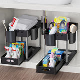 Organisateur Coulissant Sous Évier Multifonction ABS Premium – Panier de Rangement avec Crochets | Tiroirs Extractibles | Gain de Place Cuisine et Salle de Bain