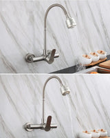 Robinet mural de cuisine en acier inoxydable avec bec flexible rotatif et mitigeur eau chaude et froide