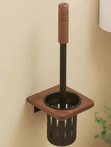 Support WC Mural Noyer & Acier – Porte-Brosse Hygiénique pour Salle de Bain, Installation Sans Perçage