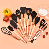 Set de 12 Ustensiles de Cuisine en Silicone avec Poignées en Bois – Pratique et Élégant