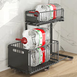 Panier Coulissant Cuisine Double Niveau Acier Carbone – Rangement Sous Évier Ajustable | Tiroir Extractible | Organisation Gain de Place