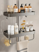 Étagère de Douche en Aluminium Sans Perçage avec Barre Porte-Serviette – Organisateur Double Niveau | Résistant à la Rouille