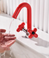 Mitigeur Lavabo à Double Poignée – Robinet Rotatif en Laiton avec Finition Chromée et Accents Rouge & Vert