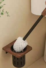 Support WC Mural Noyer & Acier – Porte-Brosse Hygiénique pour Salle de Bain, Installation Sans Perçage