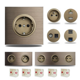 Prise Murale Aluminium Brossé Marron Multiport Élégance – Prise Schuko avec USB et RJ45 | Installation Encastrée | Connectivité Moderne