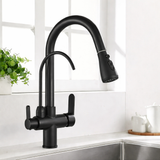 Robinet de cuisine avec filtration d’eau, bec pivotant et mitigeur chaud et froid noir