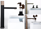 Robinet de lavabo design avec poignée texturée en noir et or rose