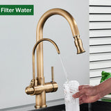 Mitigeur de Cuisine 2 Voies Vintage – Robinet en Laiton Antique avec Filtration et Douchette Extractible 360°