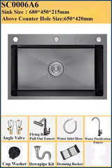 BlackPearl Pro – Évier de Cuisine Noir en Acier Inoxydable 304 avec Robinet Extractible 360° et Accessoires Intégrés