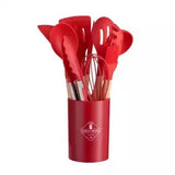 Set de 12 Ustensiles de Cuisine en Silicone avec Poignées en Bois – Pratique et Élégant