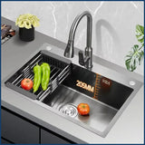 BlackPearl Pro – Évier de Cuisine Noir en Acier Inoxydable 304 avec Robinet Extractible 360° et Accessoires Intégrés