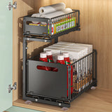Panier Coulissant Cuisine Double Niveau Acier Carbone – Rangement Sous Évier Ajustable | Tiroir Extractible | Organisation Gain de Place