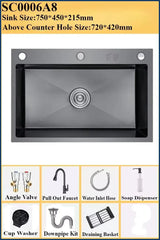 BlackPearl Pro – Évier de Cuisine Noir en Acier Inoxydable 304 avec Robinet Extractible 360° et Accessoires Intégrés