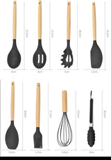 Set de 12 Ustensiles de Cuisine en Silicone avec Poignées en Bois – Pratique et Élégant