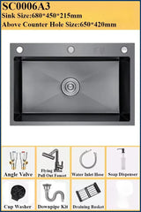 BlackPearl Pro – Évier de Cuisine Noir en Acier Inoxydable 304 avec Robinet Extractible 360° et Accessoires Intégrés