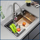BlackPearl Pro – Évier de Cuisine Noir en Acier Inoxydable 304 avec Robinet Extractible 360° et Accessoires Intégrés