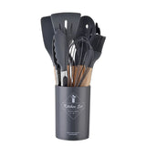 Set de 12 Ustensiles de Cuisine en Silicone avec Poignées en Bois – Pratique et Élégant