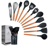 Set de 12 Ustensiles de Cuisine en Silicone avec Poignées en Bois – Pratique et Élégant